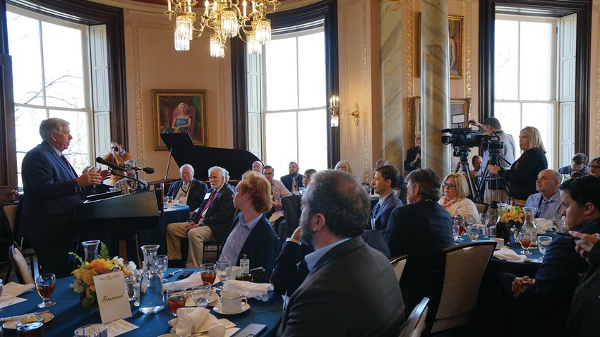 Gov. Mike Parson speaks on March 3 to members of the Missouri Press Association after a luncheon at the governor&rsquo;s mansion. (Photo courtesy of Governor&rsquo;s Office)