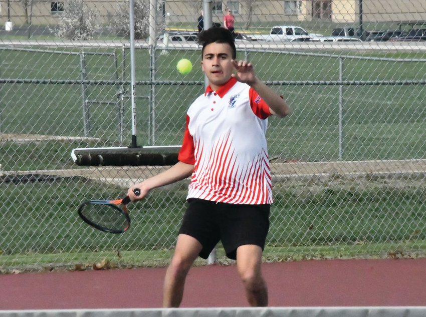 Moberly&rsquo;s Isaiah Lopez prepares to return the ball during a North Central Missouri Conference boys&rsquo; tennis match at Moberly High School on Tuesday afternoon.