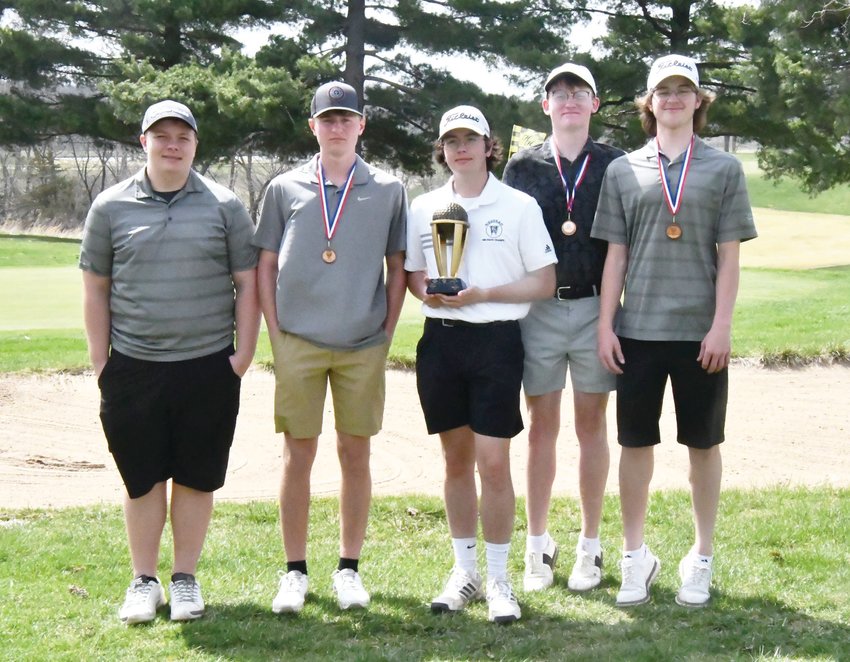 The Westran High School boys&rsquo; golf team shows off the plaque they won at the Moberly Invitational on Tuesday. The team, in no particular order, features Logan Bain, Colin Brandow, Aiden Seiders, Aiden Brockleman and Logan Brown.