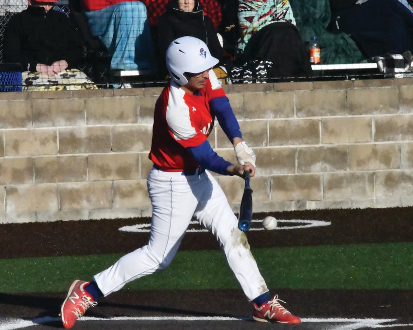 Moberly&rsquo;s Chris Coonce (24) connects for a base hit during last Thursday&rsquo;s non-league baseball game versus Southern Boone at General Omar Bradley Field. Coonce went 1-for-3. The Eagles doubled up the Spartans, 4-2.
