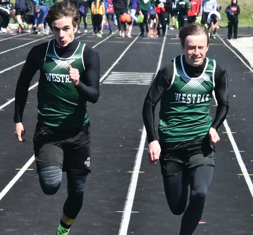 Westran&rsquo;s Leyton Bain and Nathaniel Kribbs race toward the finish line during Thursday&rsquo;s Westran Relays in Huntsville. Hornet coach Aaron O&rsquo;Laughlin was pleased with Bain&rsquo;s and Kribbs&rsquo; performance in the relays during the meet.