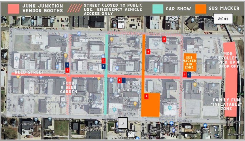 A graphic provided by the Moberly Area Chamber of Commerce shows streets that would be closed during the Junk Junktion/Gus Macker event in September if approved by the Moberly City Council next month.