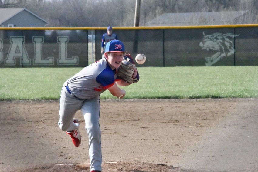 Moberly&rsquo;s Jackson Engel deals toward home plate during Friday&rsquo;s Randolph County game versus Cairo. Engel pitched a complete-game shutout as the Spartans downed the Bearcats, 1-0, in what turned into a &lsquo;classic.&rsquo;