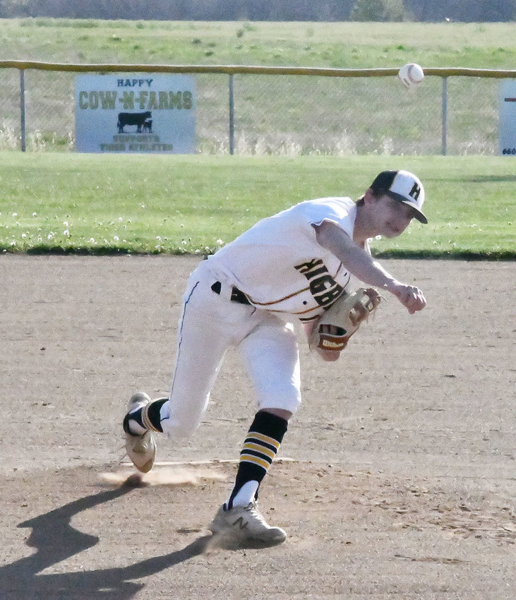Higbee&rsquo;s Derek Rockett throws toward home during Tuesday&rsquo;s game versus Brunswick-Keytesville-Northwestern at No. 11 Field in Higbee. Rockett has been the Tigers&rsquo; ace this season