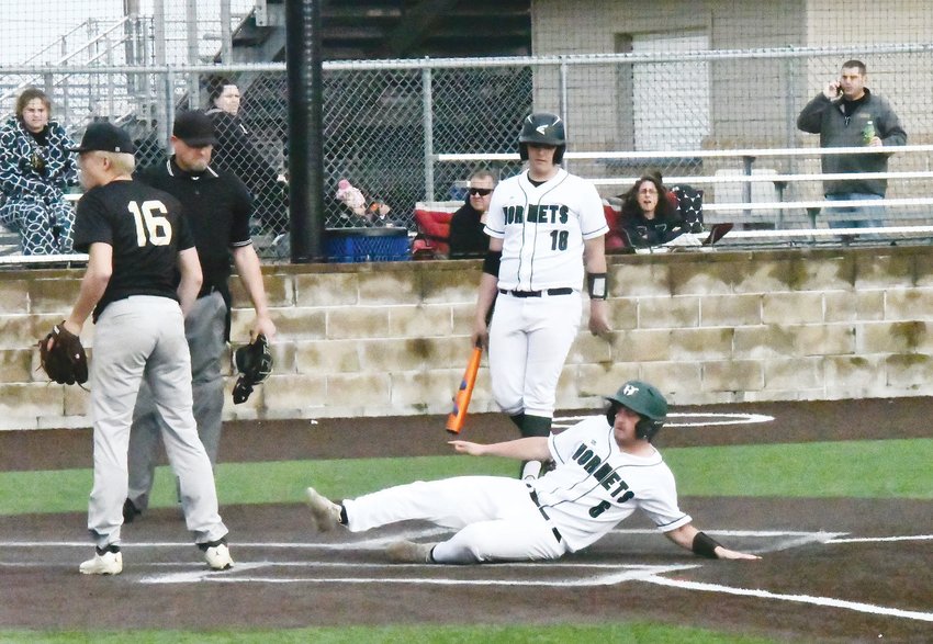 Westran&rsquo;s Steven Smith (6) slides into home plate during last Friday&rsquo;s game between the Hornets and Fayette at General Omar Bradley Field in Moberly. Westran won comfortably, 15-3, in five innings.