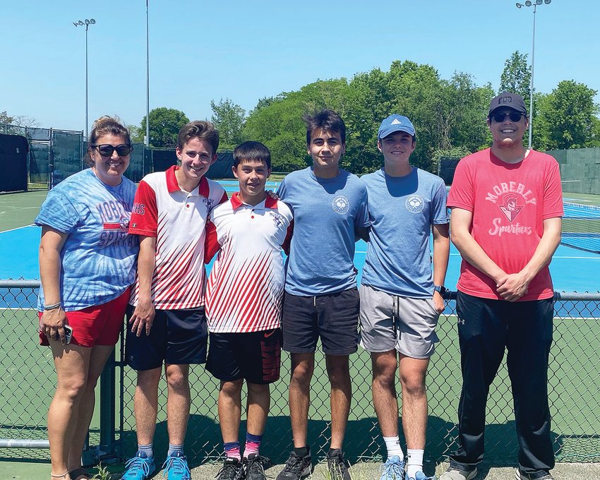 Moberly High School coaches and players smile after two Spartan boys&rsquo; doubles teams qualified for state. Here&rsquo;s the group (from left), head coach Melissa Davidson, Max Meystrik, Ryan O&rsquo;Loughlin, Isaiah Lopez, Will O&rsquo;Loughlin and assistant coach Davis Gurley.