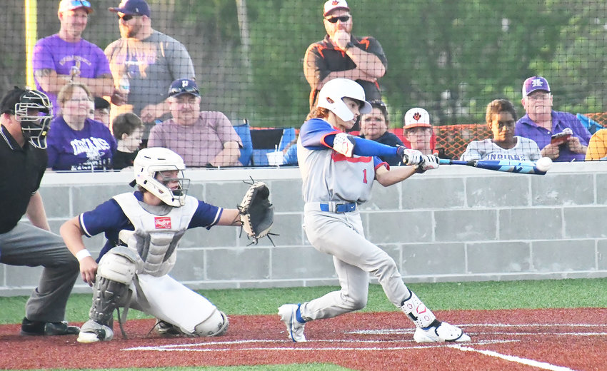 Moberly&rsquo;s Braedon Hunt singled this pitch into left field during Monday&rsquo;s Class 4 District 7 semifinal game at Macon. Hunt went 1-for-2 with a walk and scored the Spartans&rsquo; lone run in an 8-1 loss to Hallsville.
