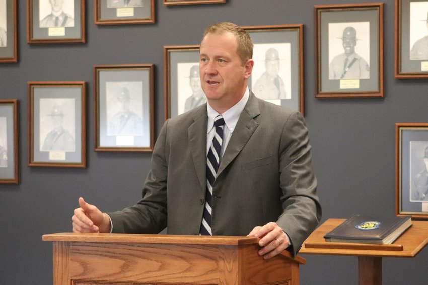 Missouri Attorney General Eric Schmitt speaks to a gathering of Missouri State Highway Patrol troopers in April 2021.