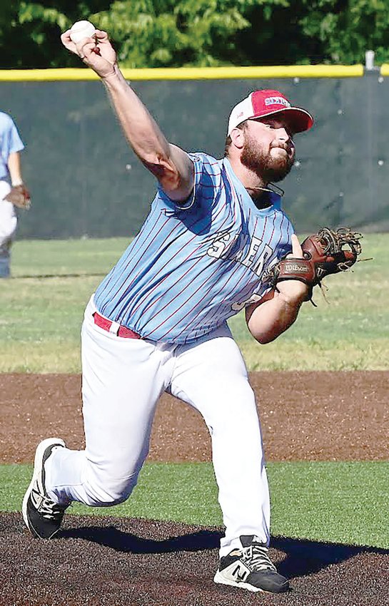 Pitcher Jack Prewett deals during Tuesday evening&rsquo;s game between the Northeast Missouri Sixers and Washington Post No. 218 at Ronsick Field in Washington.