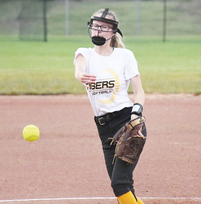 Higbee senior athlete Hailey Derboven pitches during a Moberly Parks and Recreation Department league game in July. The Tigers were one of six teams to play in the MPRD&rsquo;s 16/18-under division, and the girls finished with a 6-3 record for second place.