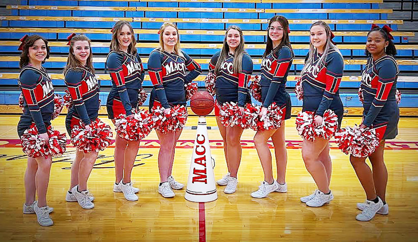 The Moberly Area Community College cheerleading squad during the 2021-22 school year featured the following members (from left), Emily Landfried, Emma Blackford, Alyson Pegelow, MacKenzie Girard, Rileigh Eberhardt, Preslee Brubaker, Samantha Smith and Citlali Guevara. Smith and Brubaker are both local cheerleaders from Cairo.