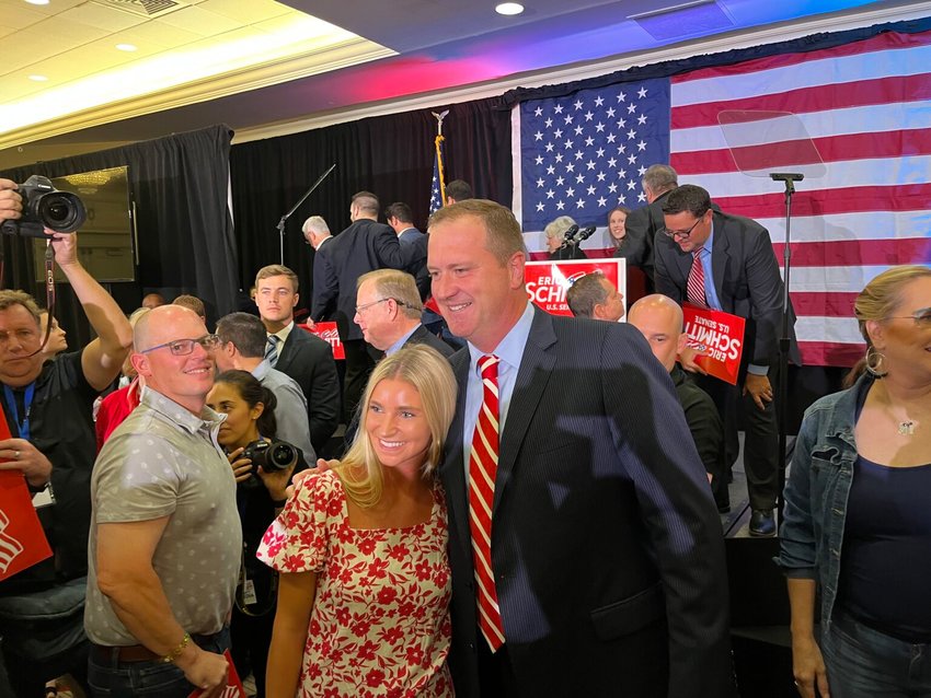 Attorney General Eric Schmitt poses with a supporter after claiming the Republican nomination for Missouri&rsquo;s open U.S. Senate seat Aug. 2.