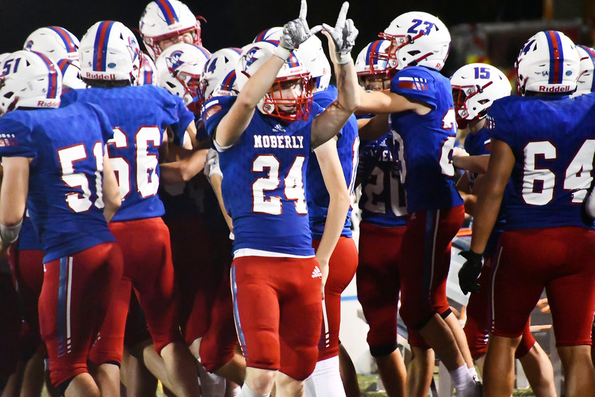 Moberly's Jonah Black reacts after Nick Kessler's interception sealed the Spartans' first victory of the season, a 43-37 thriller over School of the Osage at Dr. Larry K. Noel Spartan Stadium.