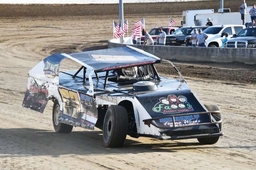 Jamie Alshire competes during hot laps at the onset of the Second Annual Wiener Nationals at Randolph County Raceway on Sunday. The fourth-generation racer Aleshire drives the No. 59, the same number he wore for the Moberly High School football team.