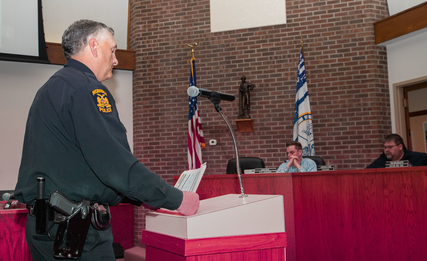 In this April file photo, Moberly Police Chief Troy Link addresses the Moberly City Council. Earlier this month, Link requested that the council approve the purchase of four rifle-rated ballistic shields for the police department.