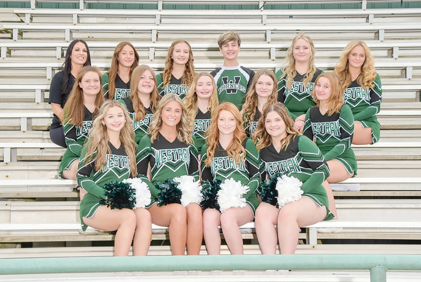 The Westran High School cheerleaders gathered for a group photo before the start of football season at the stadium in Huntsville on Friday, Aug. 19. The group cheers at Hornets&rsquo; football and basketball games. Here&rsquo;s the group. Front row, from left to right, Tessie Smith, Kenzie Black, Addison Mathes and Lacey Wales. Middle row, Aliza Prewitt, Elexis Mills, Emily Sexton, Kiersten Saphian and Alyssa Wisdom. Back row, coach and sponsor Shayla Beckfield, Hadley Harvey, Khloe Boyack, Trenton Ames, Mali Powell and Jill Stephenson.