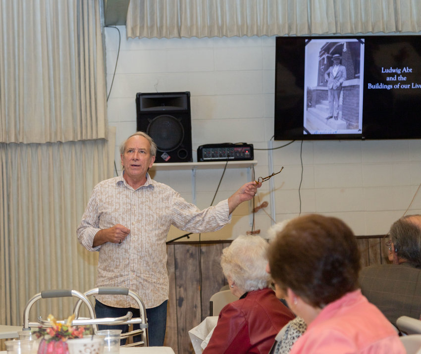 Brett Rogers gives an animated talk about Moberly architect Ludwig Abt during the annual meeting of the Randolph County Historical Society in September.