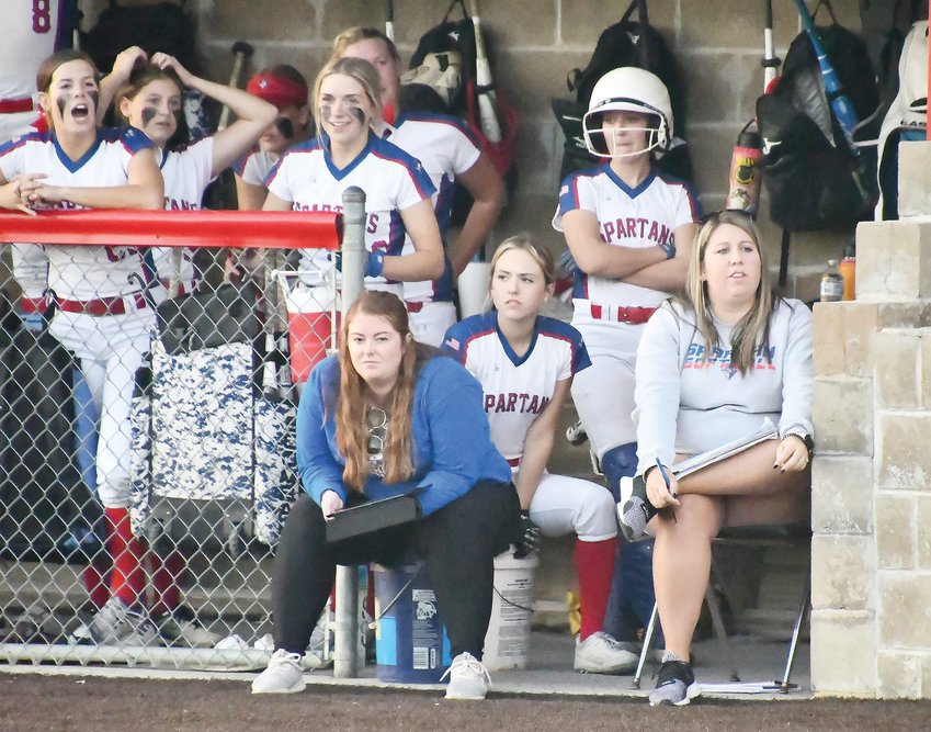 The Moberly dugout reacts during Jade Mickle's at-bat during the latter stages of Wednesday's Class 3 District 4 game at General Omar Bradley Field in Moberly.