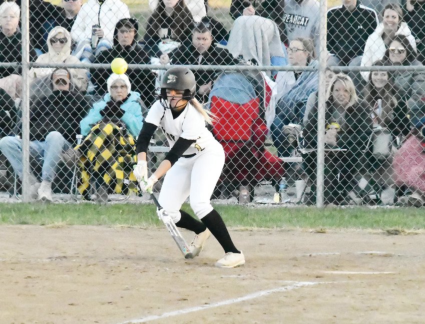 Cairo's Gracie Brumley slaps the ball for a hit during the Class 1 District 8 championship game versus Salisbury on Thursday, Oct. 13. Gracie was a perfect 5-for-5 with two runs scored in her final scholastic game.