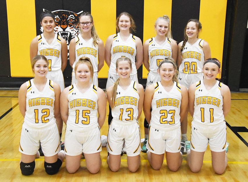 The Higbee High School girls' basketball features, front row (from left), Madison Ferguson, Addison White, Alie Mitchell, Lauren Spilman and Isabelle Welch. Back row, Ronnie Welch, Hailey Derboven, Emma Johnson, Marilynn Ritter and Raegan Derboven.
