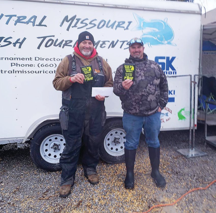 Brian Saunders (left) and John Spatafora won the season-ending Central Missouri Catfish Tournament event in Glasgow on Sunday, Nov. 27, weighing 148.7 pounds of fish.
