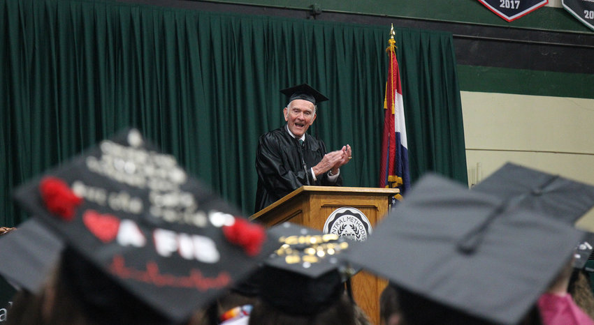 Robert Washburn, a former Central Methodist University student who was given an honorary bachelor's degree to commemorate his many contributions to society, speaks during the December commencement.