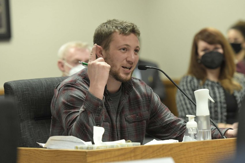 Allen Knoll, who was sent to Agape Boarding School in Missouri, testifies during a committee hearing Feb. 10, 2021, about abuse he claims to have endured.