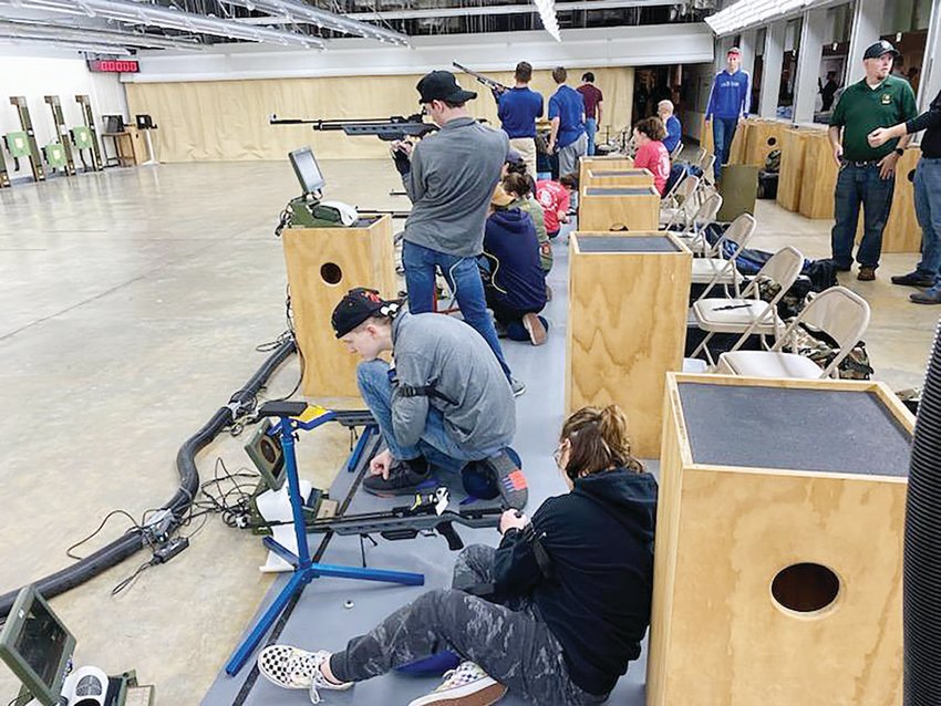 Members of the Moberly Army JROTC marksmanship team compete during the two-day 2023 U.S. Army Junior Rifle National Championship. The Spartans reached nationals based on previous performances.
