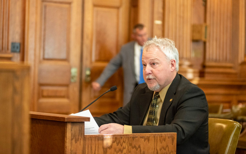 Rep. Brad Pollitt, R-Sedalia, presents his open-enrollment bill to the Senate education and workforce development committee Tuesday morning (Annelise Hanshaw/Missouri Independent).