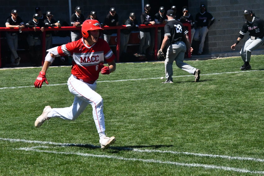 Moberly Area Community College baseball player Kaden Lawson (6, left) legs out a single during the Greyhounds' two-run first inning on Saturday versus Hesston Junior College (Kan.) at Howard Hils Athletic Complex.