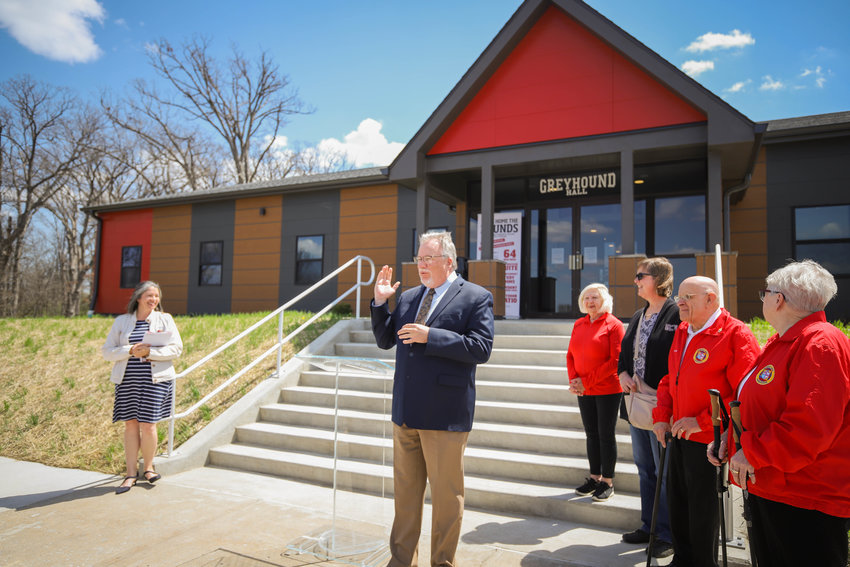 Moberly Area Community College President Jeff Lashley speaks during a ribbon-cutting and open house last week celebrating the opening of a new dormitory on the campus.