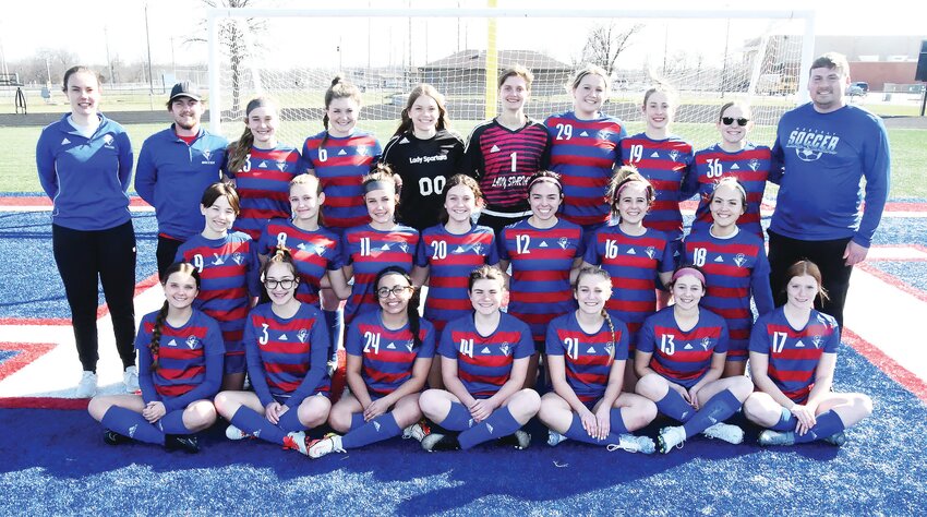 Here's the Moberly High School 2023 girls soccer team. Front row, from left, Fallon O'Donnell, Hadley Cleavinger, Alexis Cooper, Kailyn Kirkendoll, Macy White, Elizabeth Reisenauer and Ella Mathes. Second row, Gray O'Donnell, Alyssa Hallback, Emily O'Loughlin, Zaylee Heaton, Maddie Thompson, Karlie McGee and Chloe O'Donnell. Third row, assistant coach Taylor Kroner, assistant coach Kris Samuels, Adalynn Holloway, Camryn Crist, Kenlee Grant, Mackenzie Hopper, Kenley Bloss, Ralyn Rampton, Kloiee Wagner and head coach Bridger Pretz.