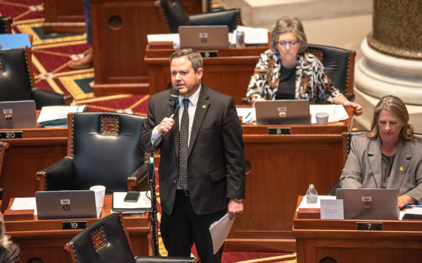 Rep. Brad Hudson, R-Cape Fair, presents a bill that seeks to ban gender-affirming care for minors on the Missouri House floor Tuesday (Annelise Hanshaw/Missouri Independent).