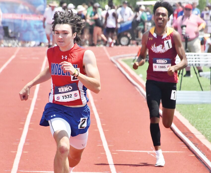 Moberly senior sprinter Brett Gelina races toward the finish during the 400-meter dash at the Missouri State High School Activities Association Class 4 state meet last Saturday at Adkins Stadium in Jefferson City.