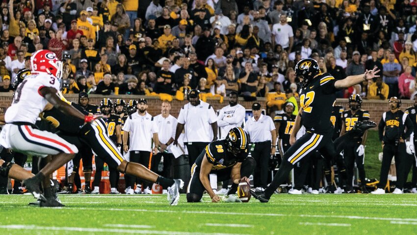Mizzou kicker Harrison Mevis, shown kicking against Georgia a year ago, was one of five Tigers named to the preseason All-SEC team. (Photo courtesy of MU Tigers).