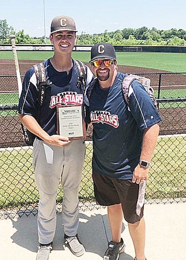 Bryce Taylor, a 2021 graduate of Northeast R-IV School at Cairo, stands with his Bearcats baseball coach Morgan Matthews at the conclusion of the 202 MHSBCA Class 1 &amp; 2 Senior All-Star Game played June 12 at Southern Boone H.S. in Ashland. Taylor received the MVP Award for the North Team that he played with that day, and Matthews served as an assistant coach.