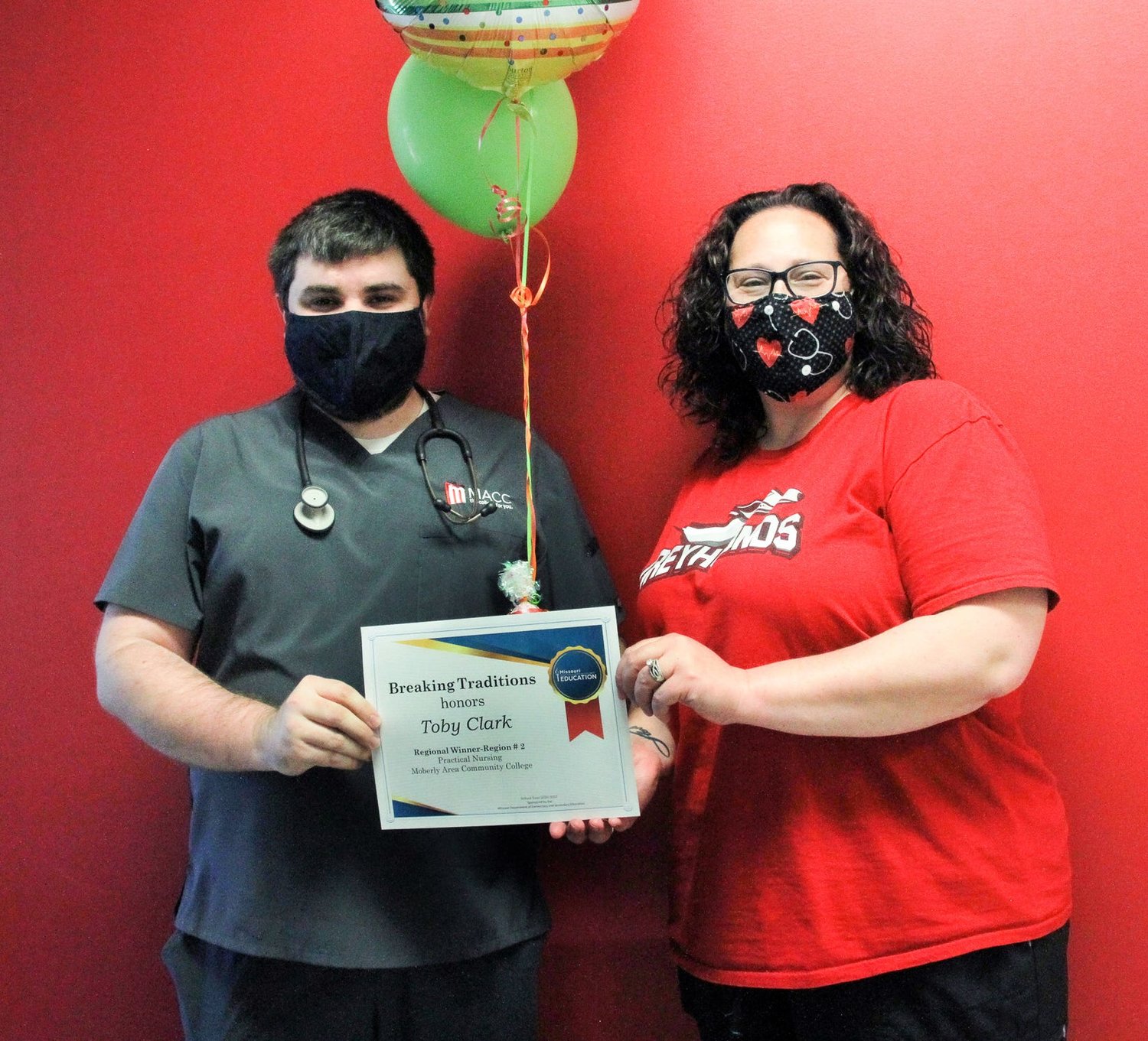 Toby Clark of Columbia,left,  a practical nursing student at Moberly Area Community College, was the state's Region No. 2 recipient of the Missouri Department of Elementary &amp; Secondary Education's Breaking Traditions Award for the 2020-21 academic year. He is shown with MACC's PN Coordinator at the college's Columbia campus site,  Julie Kiefer.