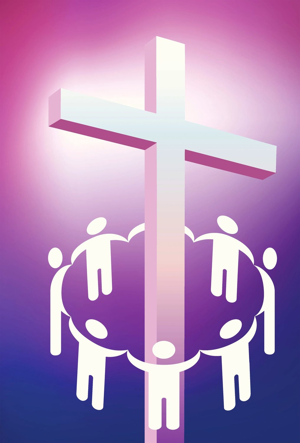 Christians holding hands and encircling a cross