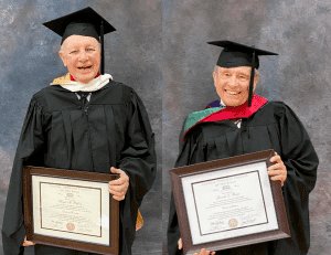 Central Christian College of the Bible professors Lloyd Pelfrey, left, and Gareth Reese  were presented with honorary doctorate degrees in recognition of their lifetime of teaching during the May 15 commencement ceremony.