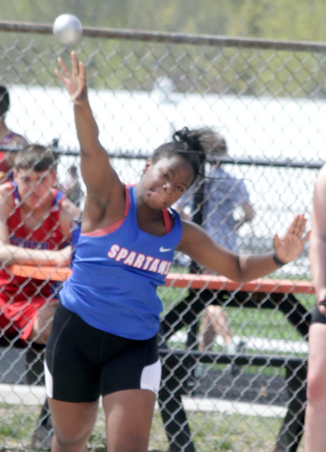 Kendereona Robinson, a Moberly freshman, had a 7th place throw of 31-11.75 ft. in the girls shot put at the Macon track meet Tuesday.