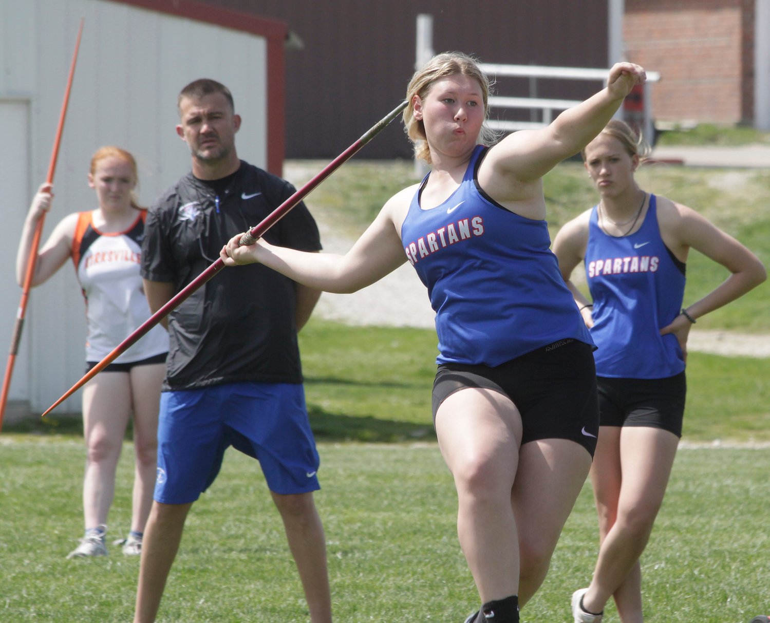 Moberly freshman Taylor Martin prepares to make her javelin throw during a track meet held Tuesday at Macon. Martin's top distance of the day was  74-00.50 ft. for 16th place.