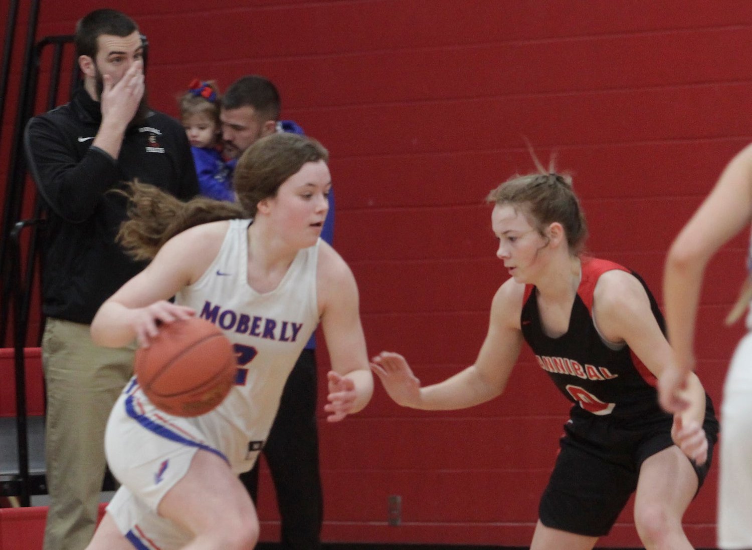 Moberly freshman Grace Billington (with ball) and the Lady Spartans basketball team had their 2020-21 season come to an end Monday with a 58-33 loss to Mexico in a semifinal game of the Class 5 District 15 tournament. Billington scored six points.