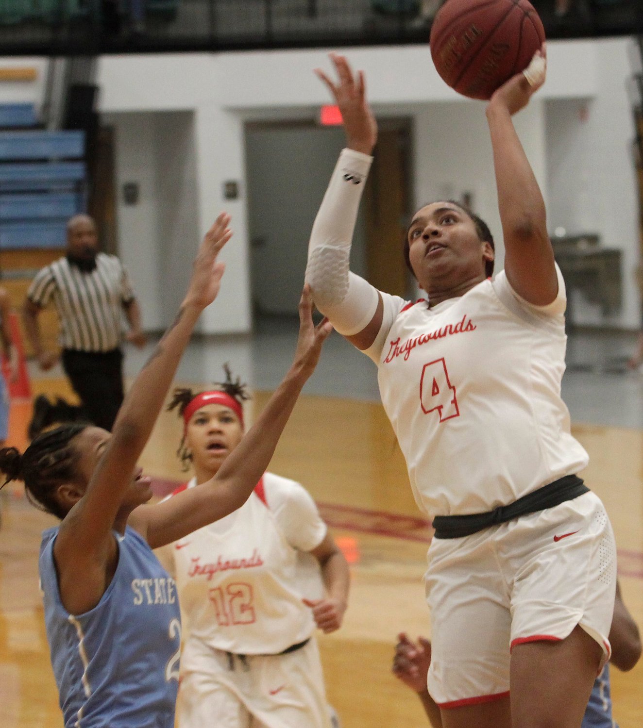 Moberly Area Community Collee sophomore transfer Jada Moorehead (#4) came off the bench Saturday to provide 10 points towards the Lady Greyhounds 111-51 home victory against State Fair CC of Sedalia in Region 16 play.