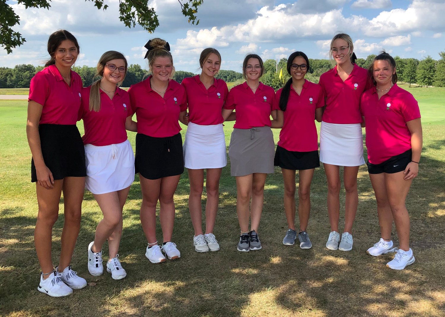 Cairo varsity girls golf team won a triangular match Wednesday, Sept. 1 that was hosted by Paris High School. Emma Alexander and Macie Harman of Cairo tied for medalist honors with a score of 56 on the par-36 course. Cairo golfers shown are (left to right) Journey Sander (JV), Emma Alexander, Avery Martin, Kennedy Kearns, Addison Pollard, Elena Blanchette (JV), Macie Harman and Riley Freitag (JV).