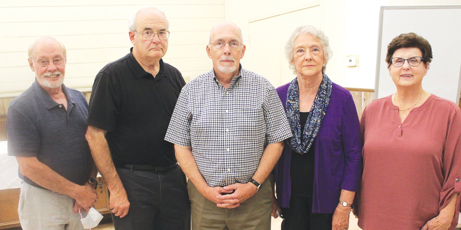 Randolph County Historical Society officers elected at the 2021 annual meeting, from left, were Carl Parrack (vice president); J.W. Ballinger (vice president); Joyce Cooper-Campbell (president); Dennis Berding (treasurer); and Joyce Meyer (corresponding secretary). Willa Jean Richards (recording secretary) was not present. (Submitted photo)