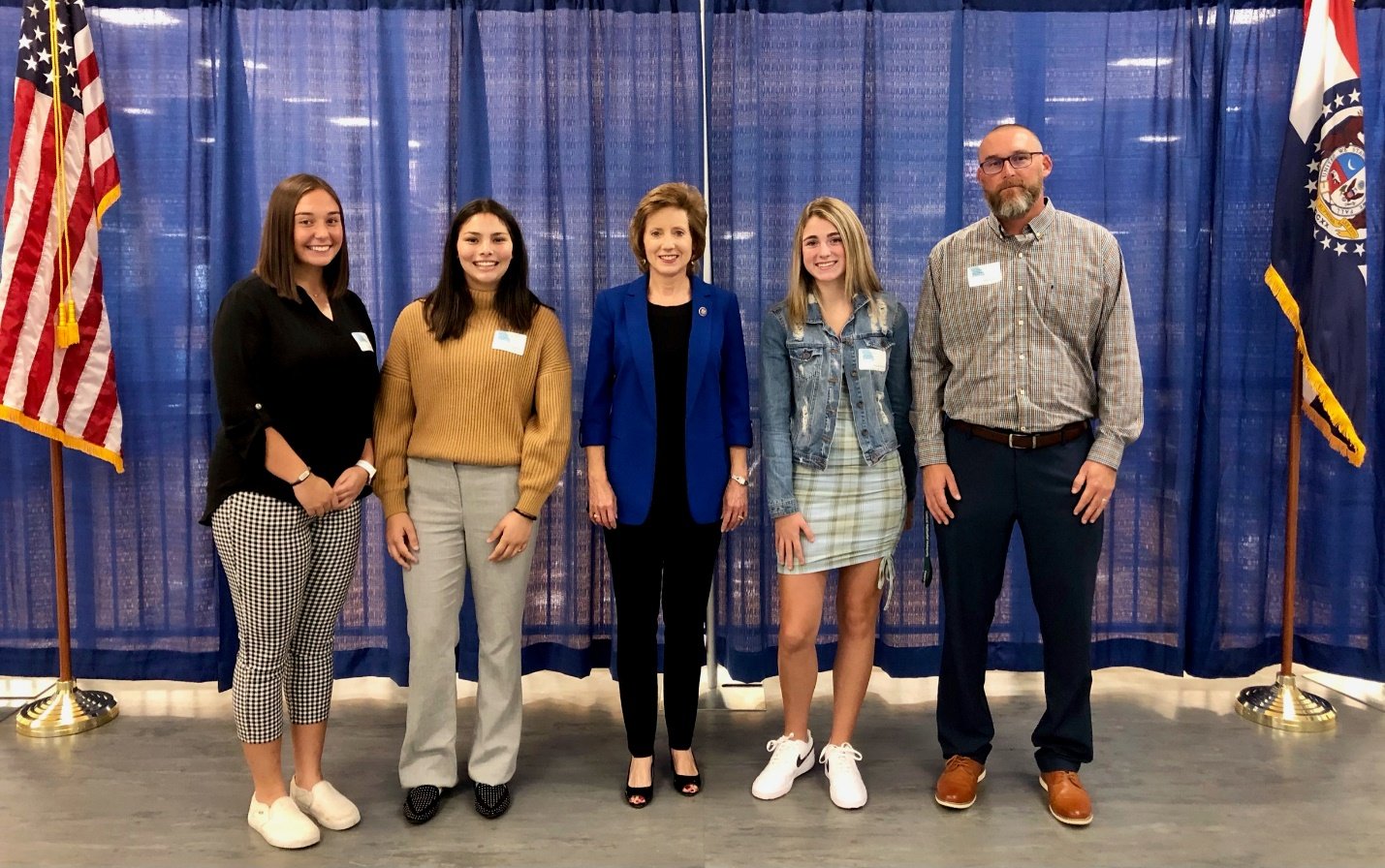 Pictured, from left, are Amanda Wood (faculty), Macey Whisenand, Victoria Gibson, Congresswoman Vicky  Hartzler, Emily Ratliff and Madison Eames representing Higbee High School.