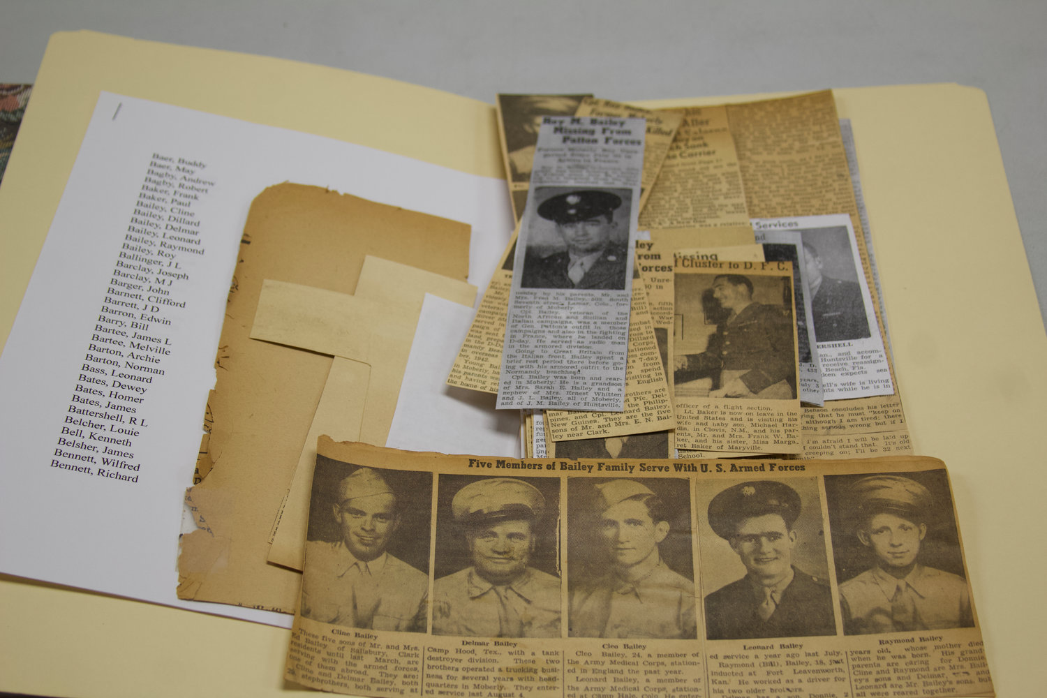 Pictured are newspaper clippers with veterans of Moberly that family members can come to the historical society and learn more about their relatives, friends or neighbors