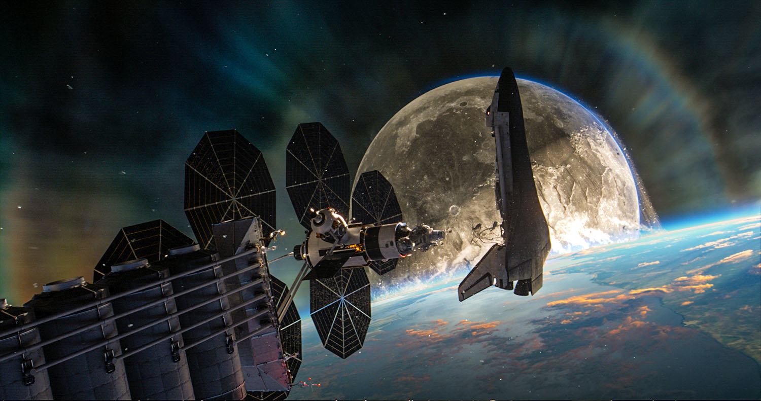 The Endeavour Space Shuttle docking at the International Space Station while the Moon hurtles towards Earth in the sci-fi epic MOONFALL.