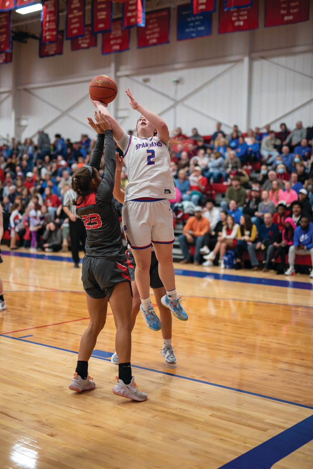 Grace Billington, shown scoring in a game earlier this season, helped lead Moberly to an 18-9 season. The Lady Spartans’ season ended in a 42-39 loss to Kirksville on Tuesday night. (John Wright Photography)