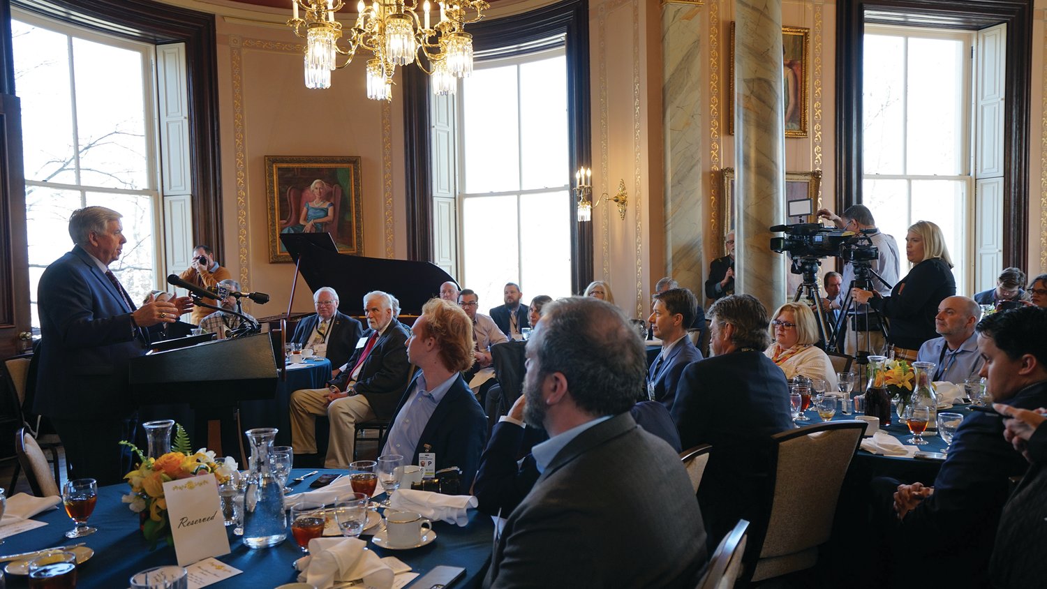 Gov. Mike Parson speaks on March 3 to members of the Missouri Press Association after a luncheon at the governor’s mansion. (Photo courtesy of Governor’s Office)